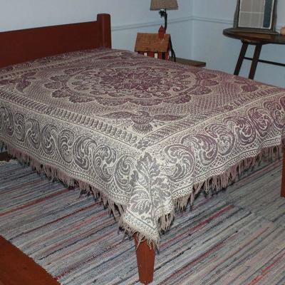 Antique 1800â€™s Solid Wood Rope Bed with bed board and mattress. Shown with a vintage Reversible â€œEagleâ€ woven bedspread.  