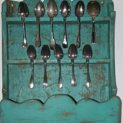 Primitive Folk Art 20th Century Spoon Cabinet (21â€W x 26â€H x 7â€D) shown with Antique Serving Spoons