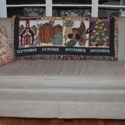 Large Wheat Linen Sofa  Shown with red and white Toile and Striped Throw Pillows