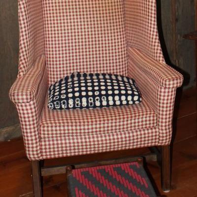 Williamsburg Vintage Red and White Upholstered Winged Back Chair. Shown with a  Red and Black Tape Braided Shaker Footstool (14â€ x14â€...