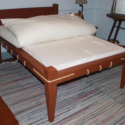 Antique 1800â€™s Solid Wood Rope Bed with bed board and mattress. Shown folded back, Lake Comfort Feather Bed/Mattress Topper 