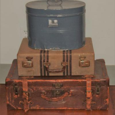 Vintage Blue Paint Picnic/Pantry Tin, Vintage Cardboard Suitcase and Antique Leather Suitcase 