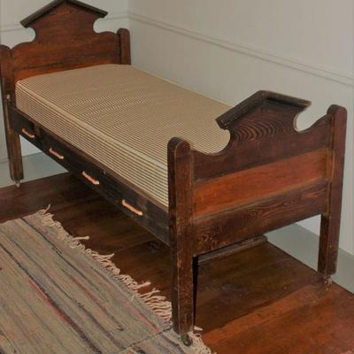 Antique primitive rope youth bed with pillow ticking mattress pre-Civil War