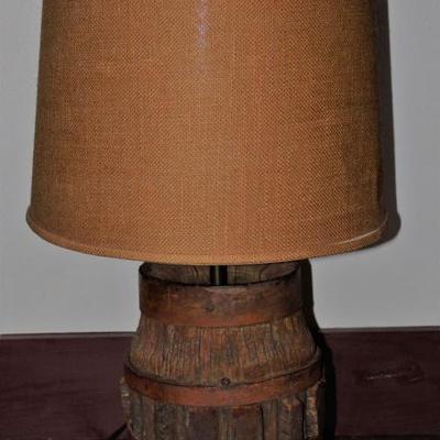 Table Lamp from an Antique Wagon Wheel Hub with Burlap Shade
