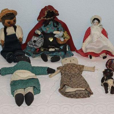 Primitive Handmade Dolls with a Small Reproduction China Doll and a Japan Black Porcelain Pickaninny Jointed Doll