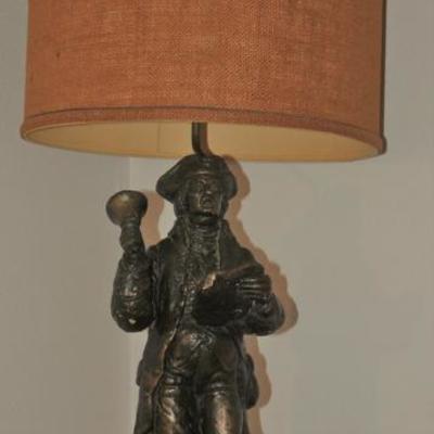 Chalkware â€Town Crierâ€ Lamp with Burlap Shade (37.5â€) C. 1960-70