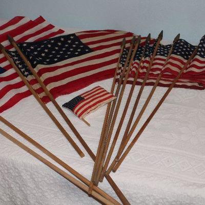 Collection of American Parade Flags including Bicentennial 13 Star, 48 and 50 stars