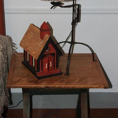 Vintage Primitive Style Railroad Trestle Base  Occasional Table.  Shown with wooden Church and Wrought Iron Table Lamp