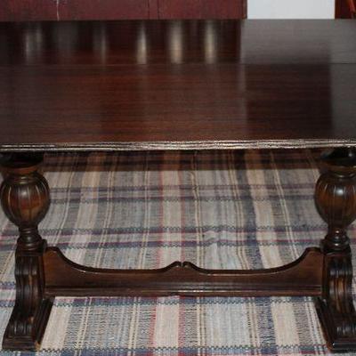Antique Mahogany Trestle Flip Top Console/Dinning Table 29”H x 54”L x 20”D when closed. Opens to 40” x 54” Dining Table.  Open View.