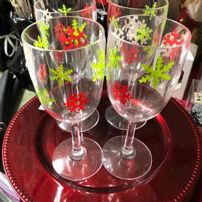Plastic Christmas chargers, stemware.