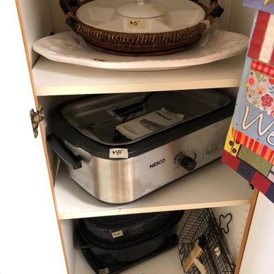 Kitchen appliances, platters.
