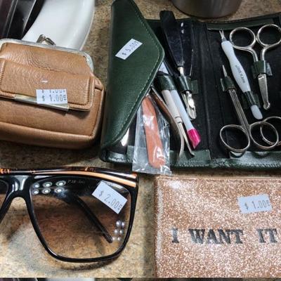 Nail care kit. Sunglasses, Change purses.