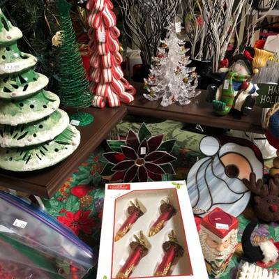 Lovely stained glass and ceramic Christmas decor.
