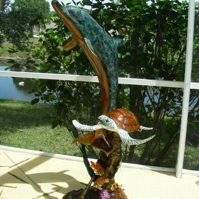 Bronze sculpture/fountain of dolphin with turtle & fish