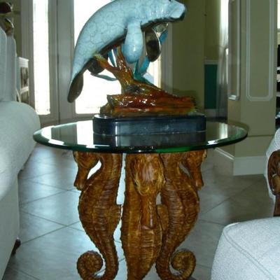 Tommy Bahama Seahorse table & Bronze sculpture of two manitee