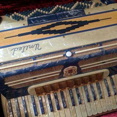 Italian Marotta  United - Full Sized, Piano Accordion - Blue & Ivory Pearloid case, hard carrying case with velvet lining