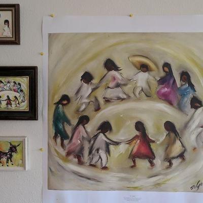 Ted DeGrazia rendition paintings - Los Ninos, Girl With Balloon, and Wandering Burro. Print of Los Ninos.
