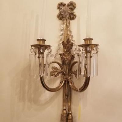Pair of antique sconces brass and prisms.