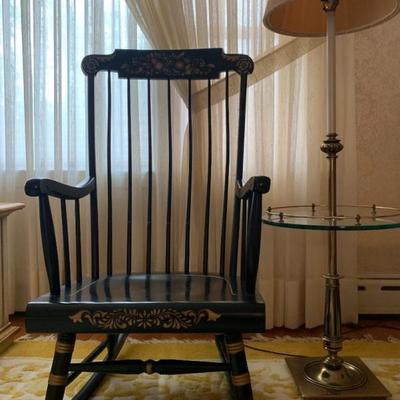 Nichols and Stone Stenciled Rocking Chair, Brass Table Lamp