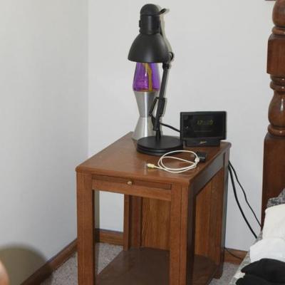 Side Table, Lamp, Clock, & Lava Lamp