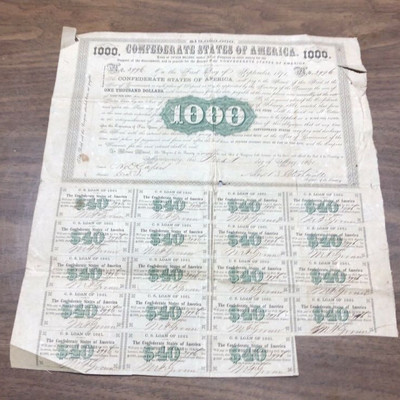 CSA: Confederate States of America $1000 May 1st 1861 Bond Lot # LAC035 https://www.ebay.com/itm/113771222177