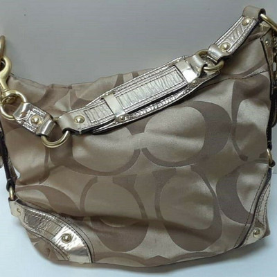 Coach Purse W/Gold Leather Trim Style No.13008 Khaki Sateen Canvas Hobo LA6072 https://www.ebay.com/itm/123791661298