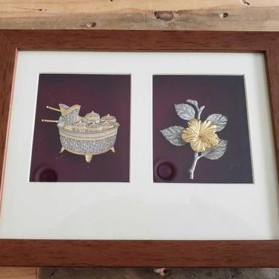 
#425: Framed Pewter 24k Gold Plated Pieces
Frame measures approx 11