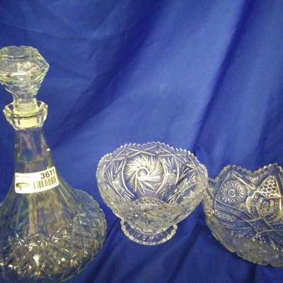 Lead Crystal Decanter and 2 cut Crystal Bowls