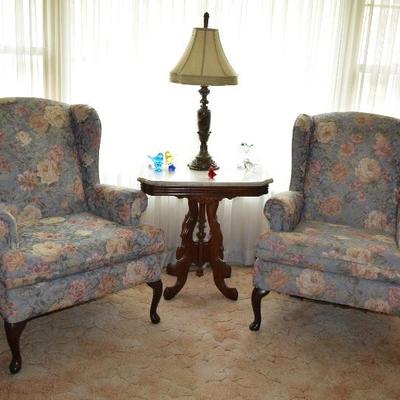 Accent Chairs, Side Table with Marble Top, & Lamp