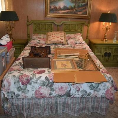 Vintage Bed, Headboard, Side Tables, Lamps, Home Decor