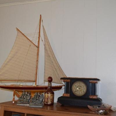 Model Sailing Ship, Vintage Clock, Decor