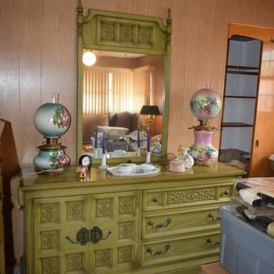 Vintage Dresser with Mirror, Lamps, Home Decor