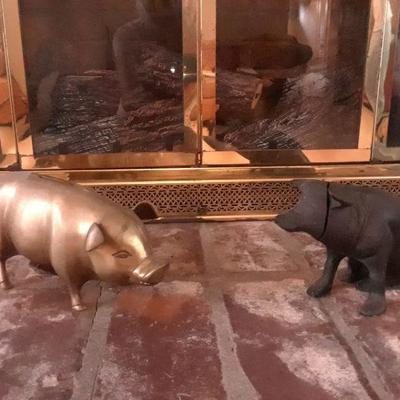 Vintage brass piggy bank, cast iron pig bank