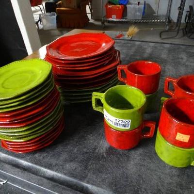 Red and green glass plates and cups.