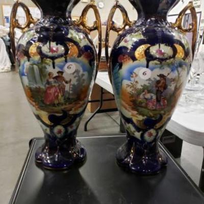 #1117: 2 Large Hand Painted Glazed Over Porcelain Vase
Measures 19