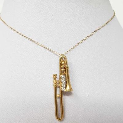 #169: 14k Gold Necklace with Gold and Diamond Trumpet Pendent, 2.4g
Weighs approx 2.4g, Chain is knotted
