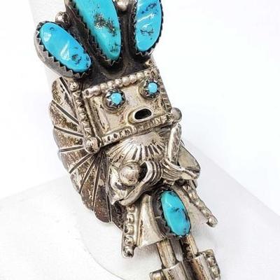 #181: Sterling Silver and Turquoise Kachina Doll Ring, 15.1g
Marked D Smryn, weighs approx 15.1g, size 10
