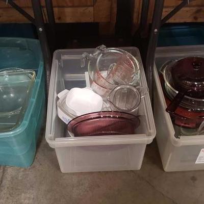 #1211: 3 Plastic Totes of Glass Cookware and Pyrex Measuring Cups
Totes are Included
