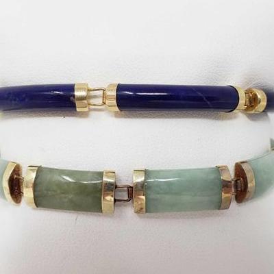 #217: Two 14K Green and Blue Bracelets, 21.2g
Pair of 14K gold bracelets, approx 21.2g One dark blue approx. 7 inches and one pale green...