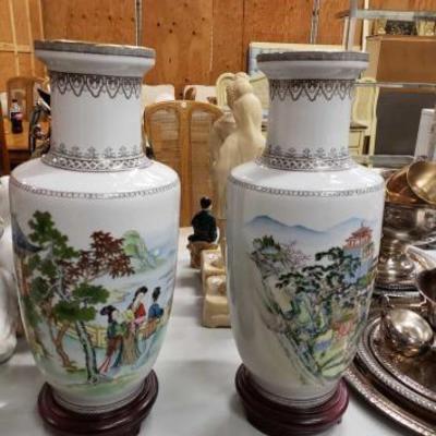#1118: Asian Hand Painted glazed porcelain vases with pedestal stands
Approximately 21
