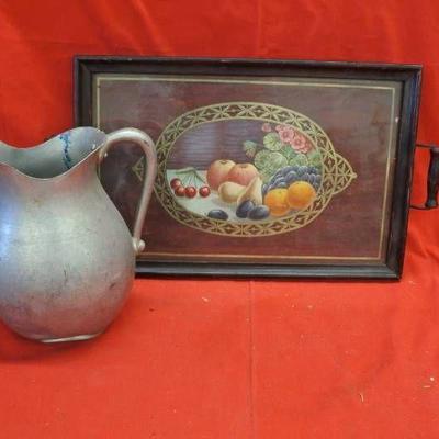 Vintage Water Pitcher and Tray with Wooden Handles