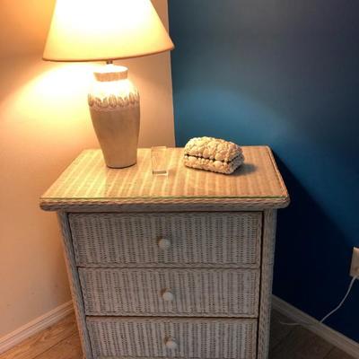 2 Whitewashed Wicker Side Tables w/3 Drawers