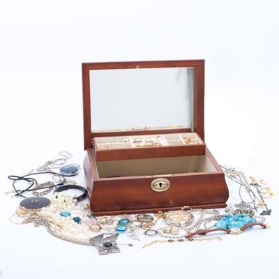 Costume Jewelry Assortment in Wood Jewelry Box