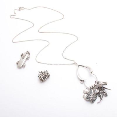 Sterling Silver Wishbone Motif Charm Necklace and Charms