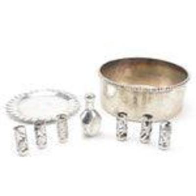 Mexican Sterling and Silverplate Bowl and Miniature Decanter and Glasses