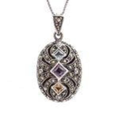Sterling Silver Topaz, Citrine, Amethyst, and Marcasite Locket Necklace