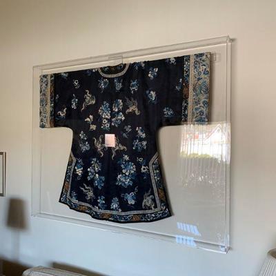 antique Chinese robe, embroidered in silk and gold threads, framed in shadow box