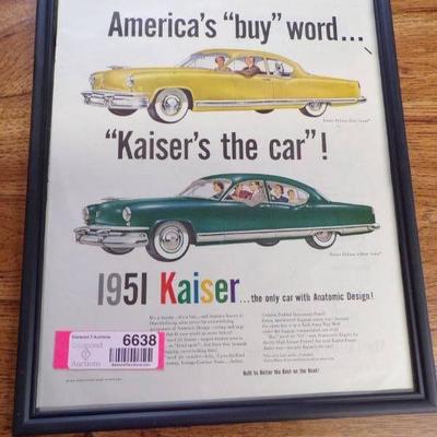 Framed Kaiser Car Ad - 12 x 15