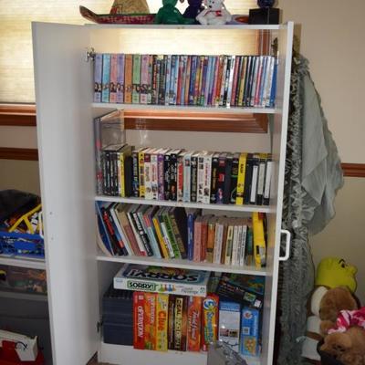 Storage Cabinet, VHS Tapes, Board Games, Books, DVD's