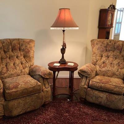 Two Matching Flexsteel Recliners w/Wood Feet & Nailhead Trim  (Side table not part of sale)